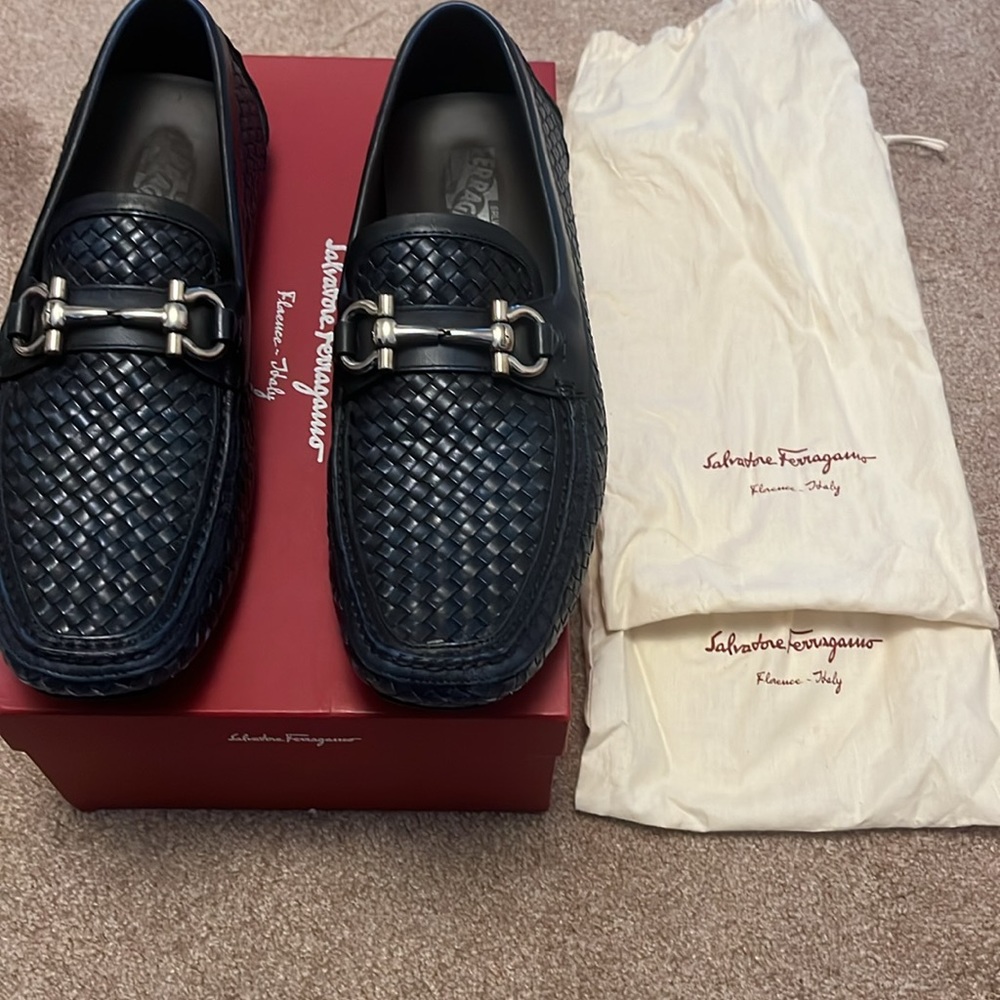 Salvatore Ferragamo Navy Blue Parigi Woven Leather Drivers with Gancini Ornament